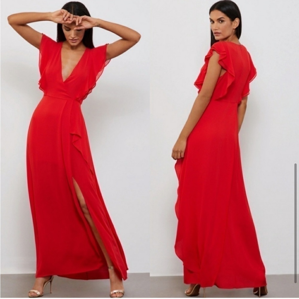 BCBG MAXAZRIA Callie Ruffled Gown Red Wrap Maxi Flutter Sleeve Ruffle Size 0